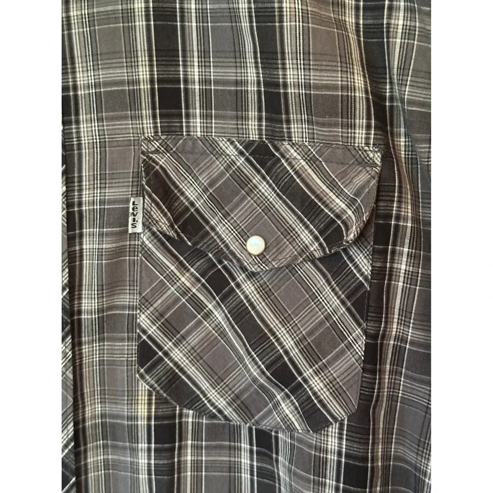 Levis Mens Red Tab Western Pearl Snap Shirt Plaid Black Grey‎ White Medium